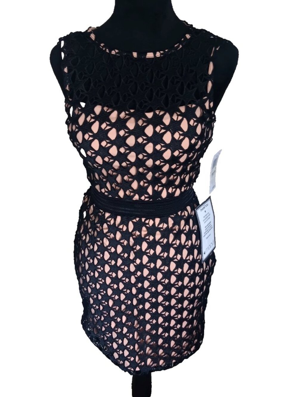 City Studio Black Lace Dress Macy's Nude Illusion Star Party Fit Flare Size 1